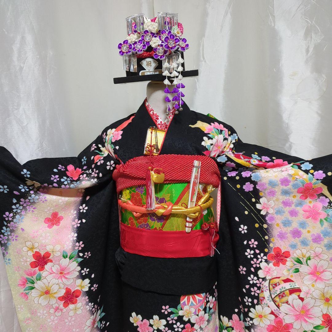 七五三７歳女の子 正絹躾付き着物と小物 フルセット　髪飾り付き