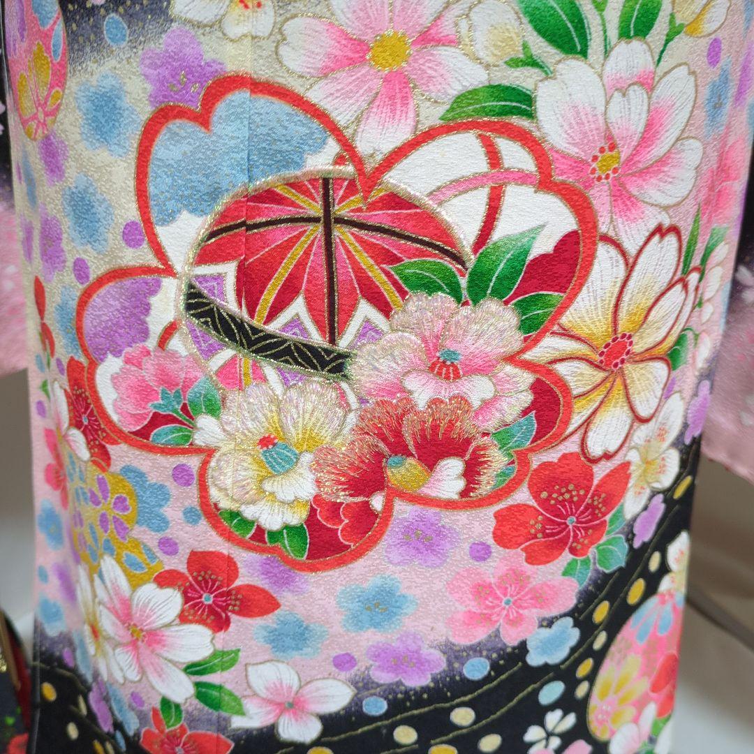 七五三７歳女の子 正絹躾付き着物と小物 フルセット　髪飾り付き