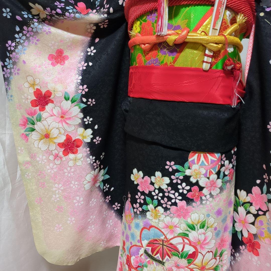 七五三７歳女の子 正絹躾付き着物と小物 フルセット　髪飾り付き
