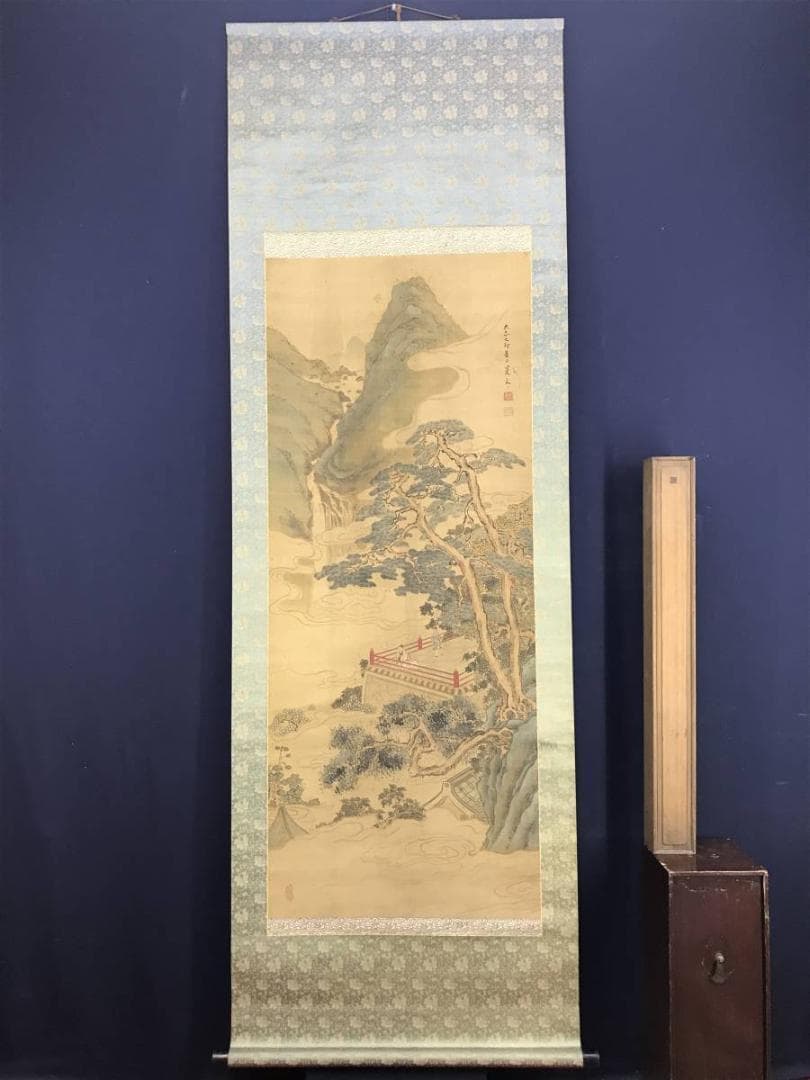 【真作】晃文/青緑山水人物図/大正時代/高士人物図/掛軸☆宝船☆AD-495