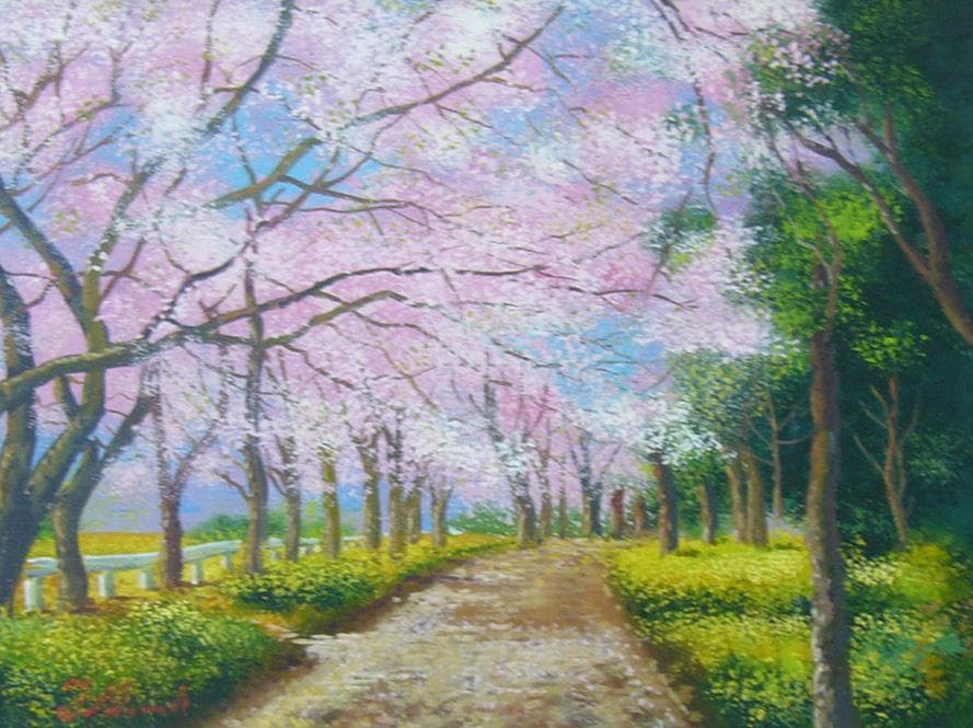 竹内敏彦 絵画 油絵 肉筆油絵 風景画 桜並木 F6 - メルカリ