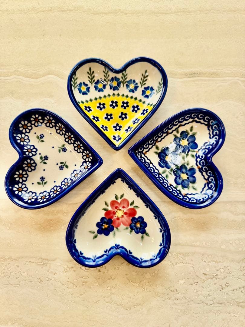 ポーリッシュポタリー 小皿 ハート型花柄皿4枚セット