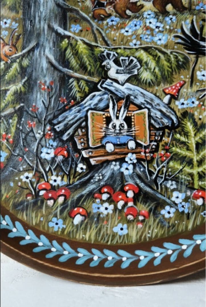 ロシア雑貨☆ロシア民話『３匹のクマ&白腹カササギ』木製飾り皿 マトリョーシカ