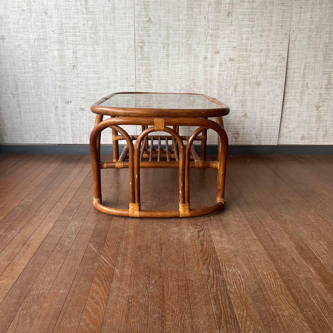 【アンティーク】籐 ラタン ガラステーブル センターテーブル コーヒーテーブル