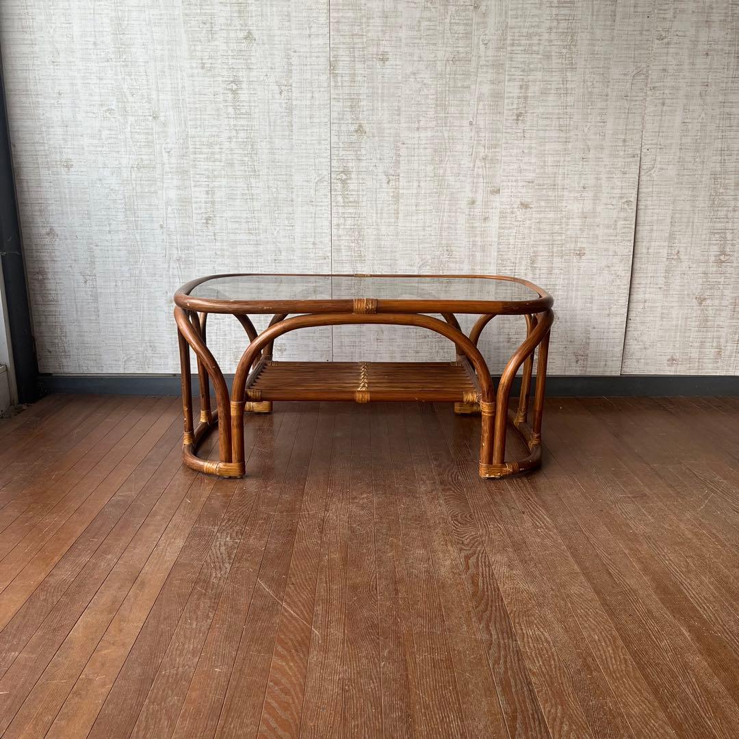 【アンティーク】籐 ラタン ガラステーブル センターテーブル コーヒーテーブル