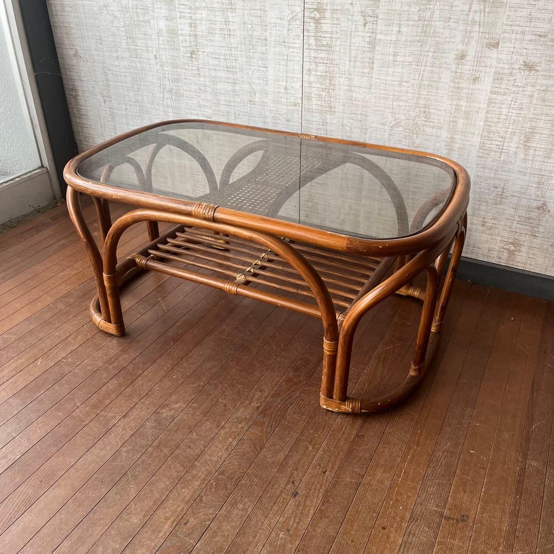 【アンティーク】籐 ラタン ガラステーブル センターテーブル コーヒーテーブル