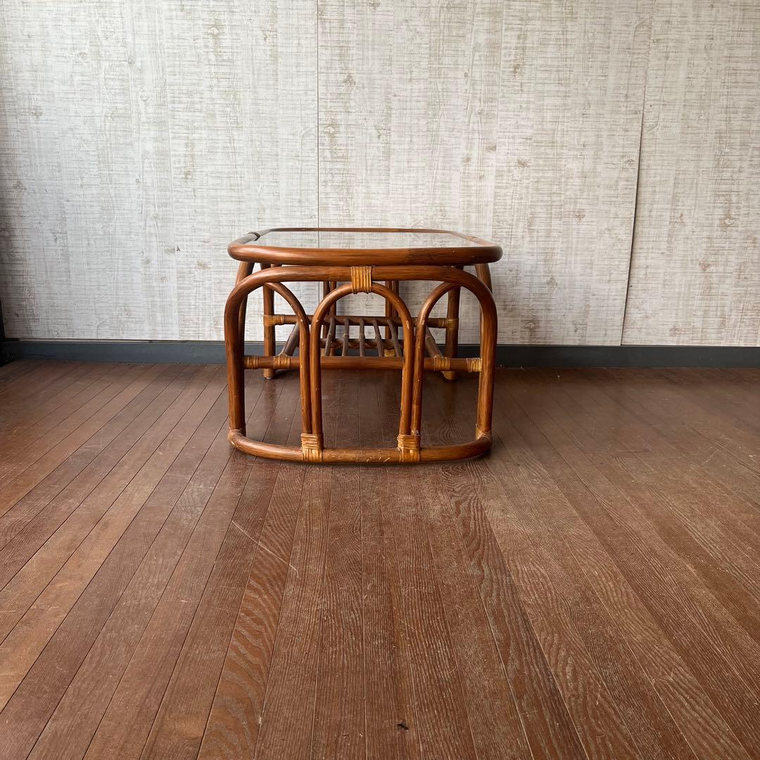 【アンティーク】籐 ラタン ガラステーブル センターテーブル コーヒーテーブル
