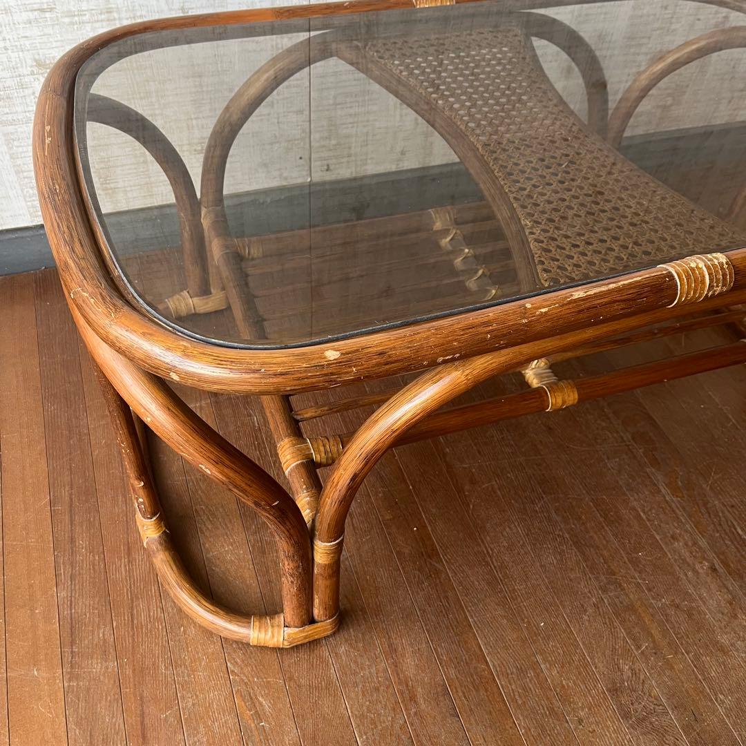 【アンティーク】籐 ラタン ガラステーブル センターテーブル コーヒーテーブル