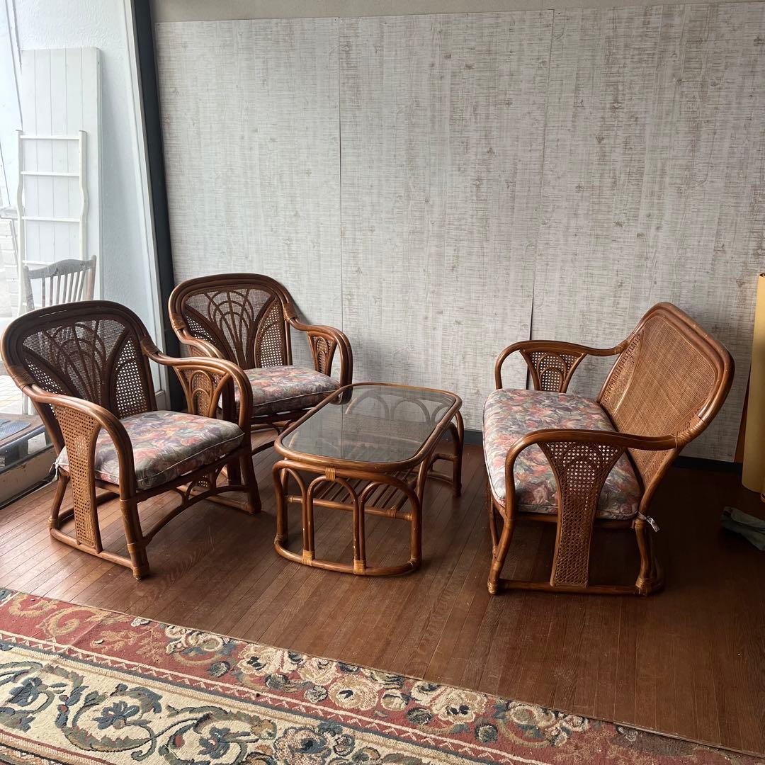 【アンティーク】籐 ラタン ガラステーブル センターテーブル コーヒーテーブル