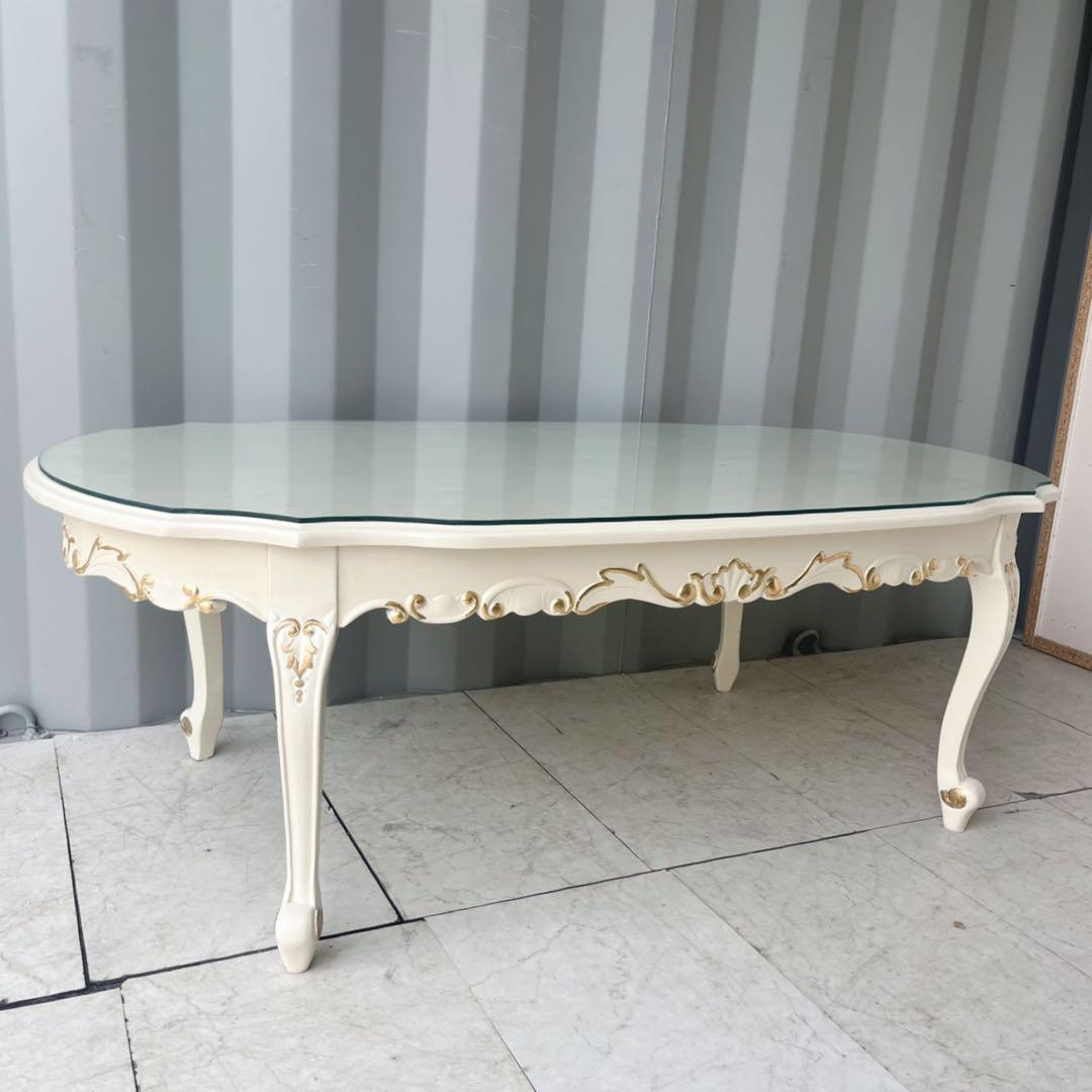 取付無料！姫系猫脚アンティーク ロココ調マホガニー材ガラス円形センターテーブル✨