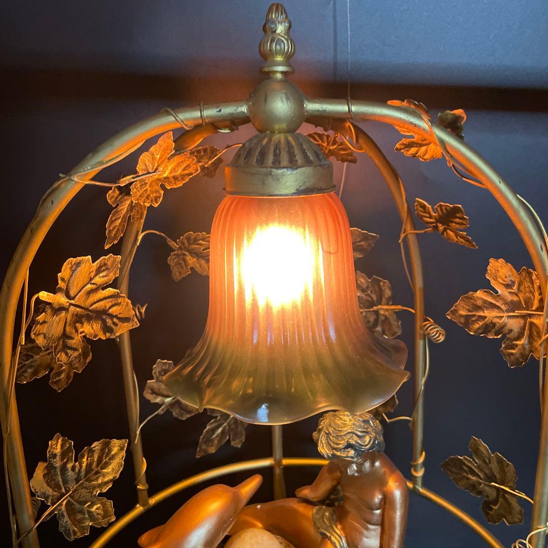 大型66cm 人魚とイルカのアンティークランプ　噴水　ブロンズ　ゴールド