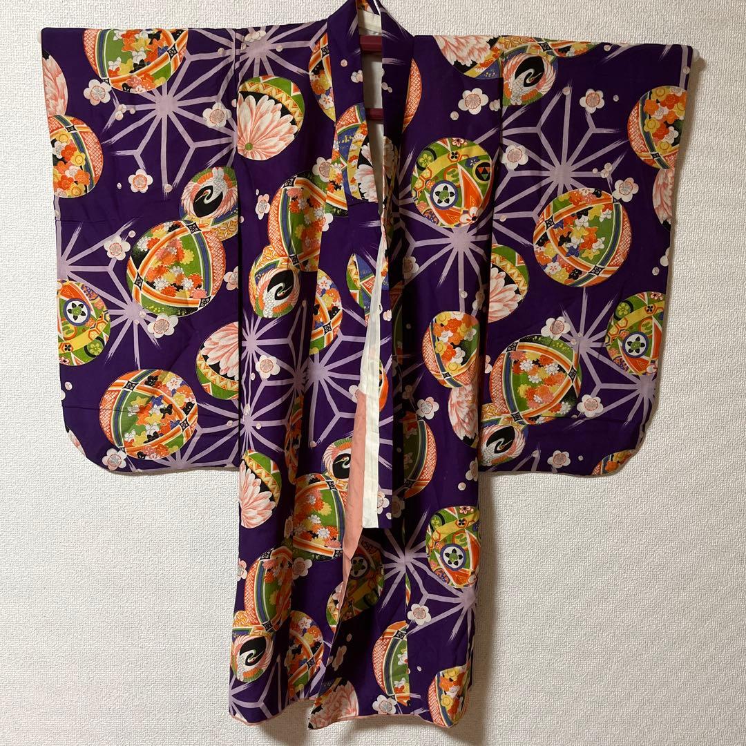 七五三　3歳　被布　着物　紫　かのこ　レトロ　アンティーク
