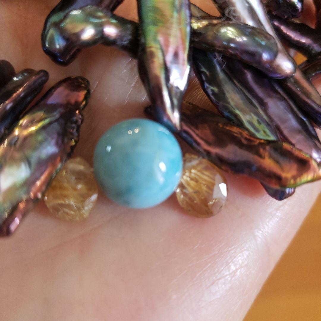 ⭐ルチルクォーツと ラリマーの 石が入った 淡水真珠のネックレス