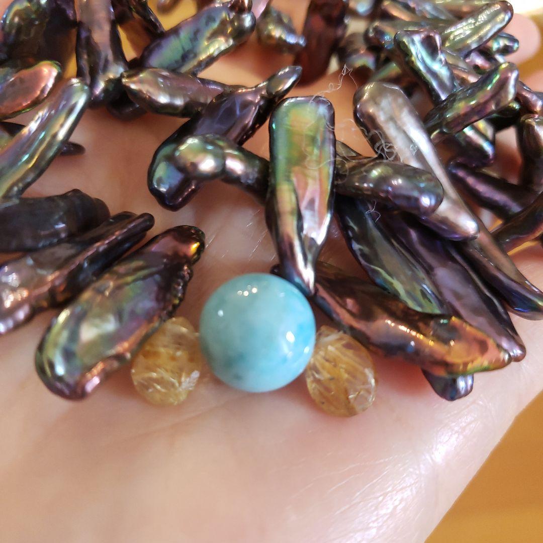 ⭐ルチルクォーツと ラリマーの 石が入った 淡水真珠のネックレス