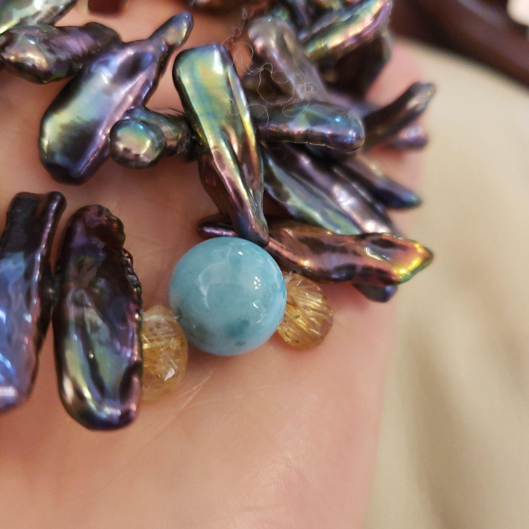 ⭐ルチルクォーツと ラリマーの 石が入った 淡水真珠のネックレス