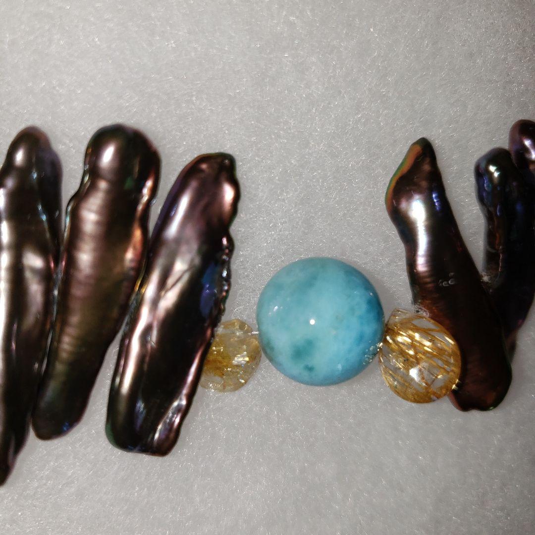 ⭐ルチルクォーツと ラリマーの 石が入った 淡水真珠のネックレス