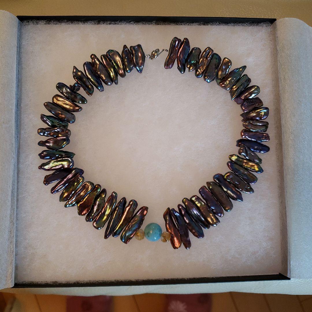 ⭐ルチルクォーツと ラリマーの 石が入った 淡水真珠のネックレス