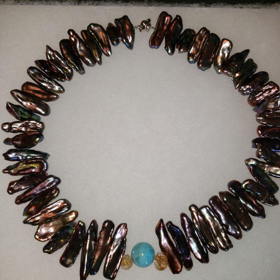 ⭐ルチルクォーツと ラリマーの 石が入った 淡水真珠のネックレス