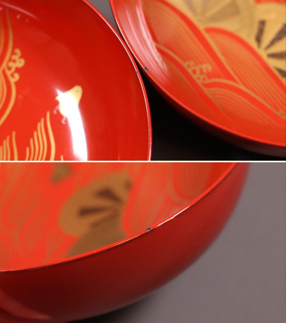 時代輪島塗 蒔絵付朱塗木皿 十九客 波千鳥 片輪車 金蒔絵 天然木【MA368】