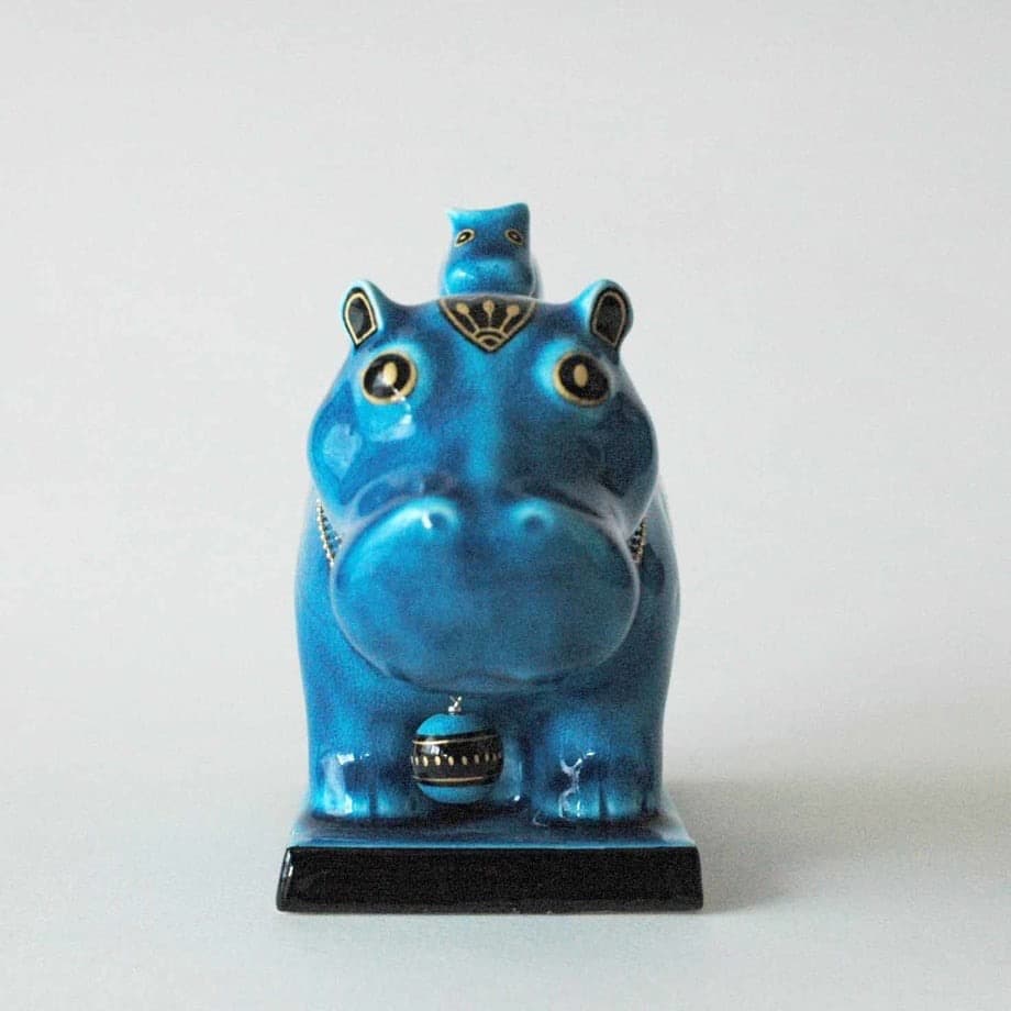 新品　幸兵衛窯 青釉オーナメント タウレト 古代エジプトの神 カバ の置物