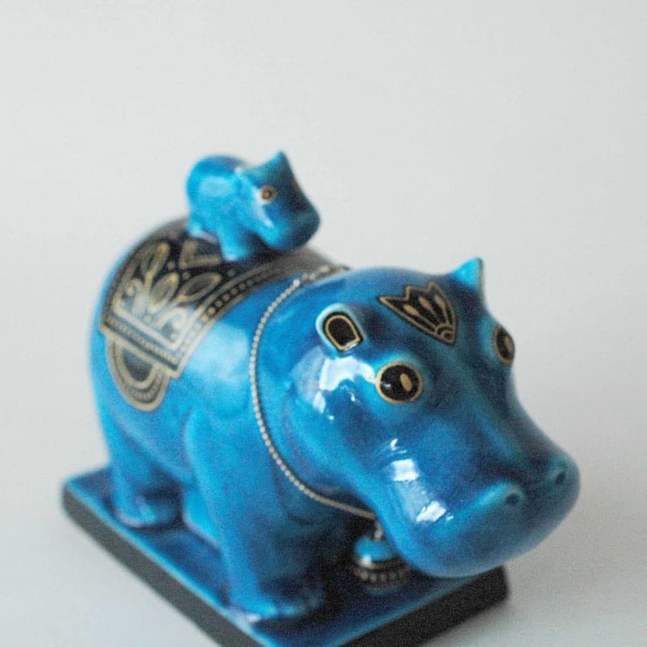 新品　幸兵衛窯 青釉オーナメント タウレト 古代エジプトの神 カバ の置物