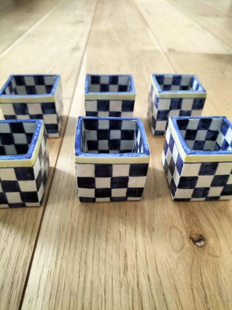 清水焼 乾山写オランダ市松角小付 珍味入れ 俊山窯 新品・未使用品 6個セット