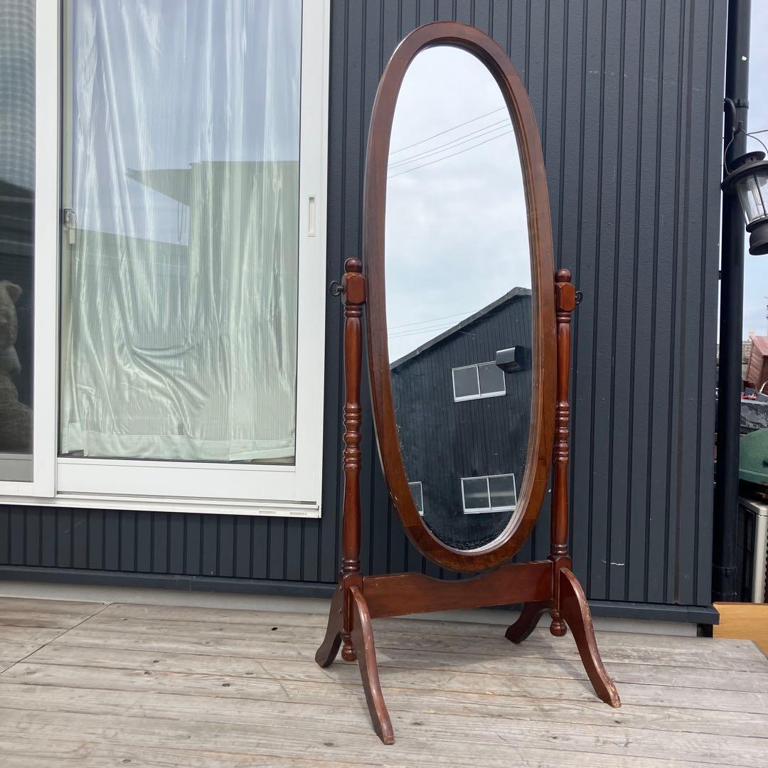昭和レトロ 英国クラシック オーバル型 木製スタンドミラー 脚付き 全身鏡古道具