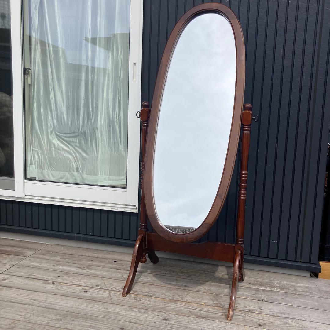 昭和レトロ 英国クラシック オーバル型 木製スタンドミラー 脚付き 全身鏡古道具