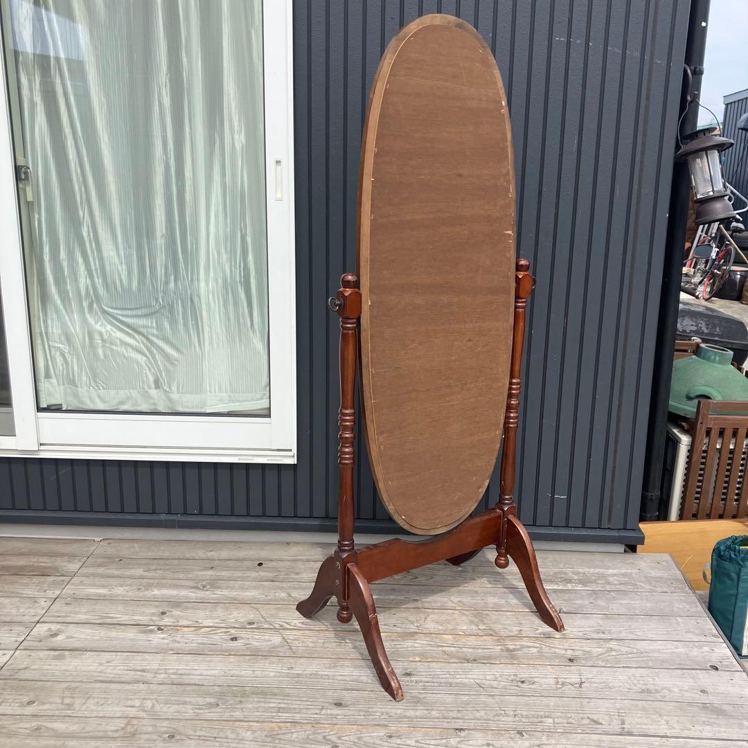 昭和レトロ 英国クラシック オーバル型 木製スタンドミラー 脚付き 全身鏡古道具
