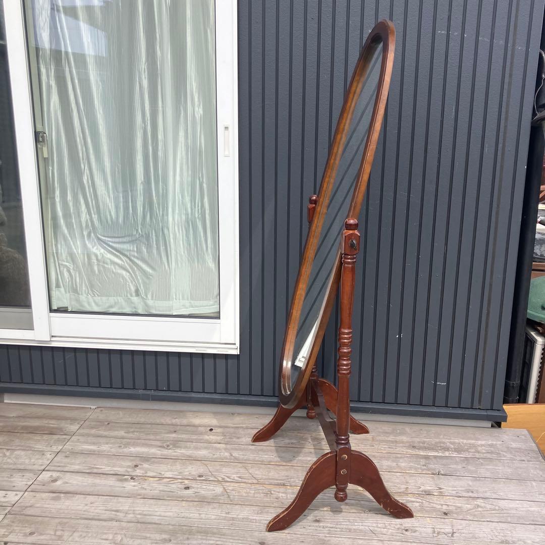 昭和レトロ 英国クラシック オーバル型 木製スタンドミラー 脚付き 全身鏡古道具