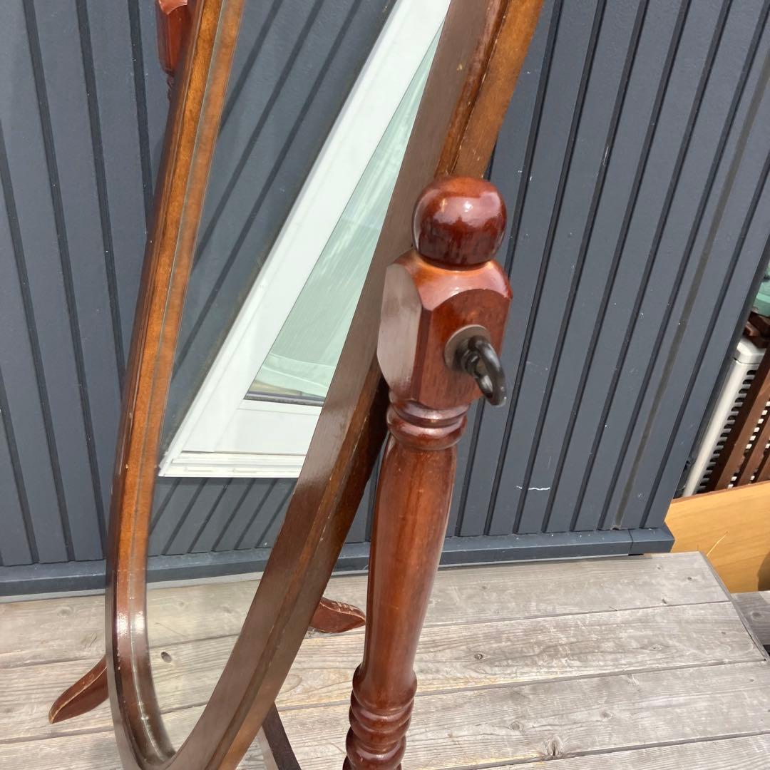 昭和レトロ 英国クラシック オーバル型 木製スタンドミラー 脚付き 全身鏡古道具