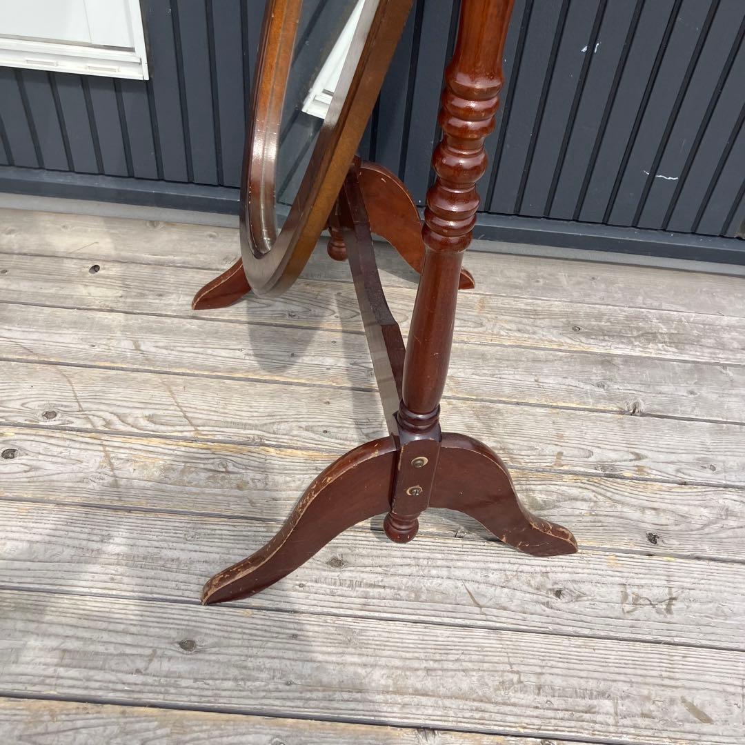 昭和レトロ 英国クラシック オーバル型 木製スタンドミラー 脚付き 全身鏡古道具