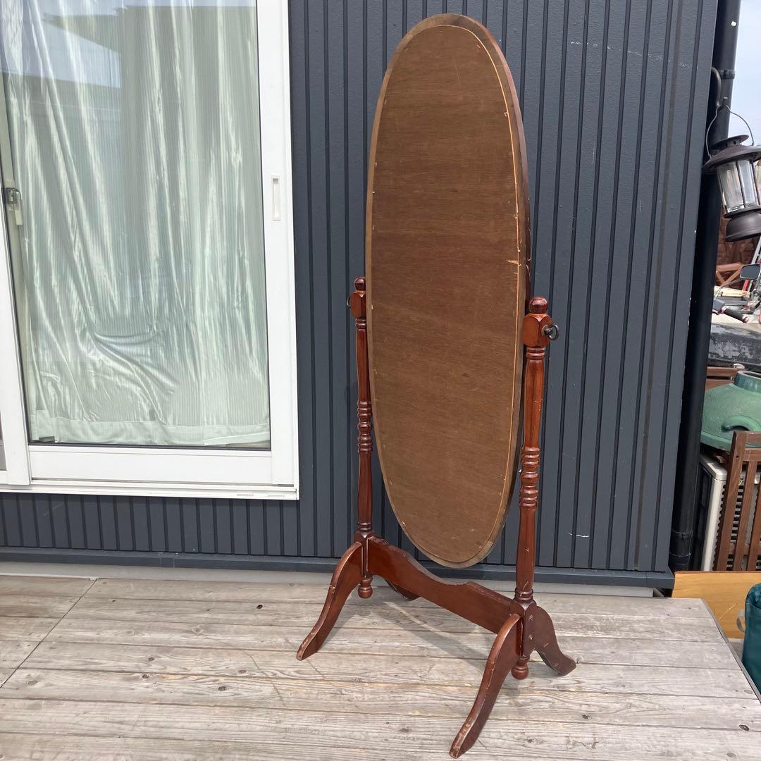 昭和レトロ 英国クラシック オーバル型 木製スタンドミラー 脚付き 全身鏡古道具