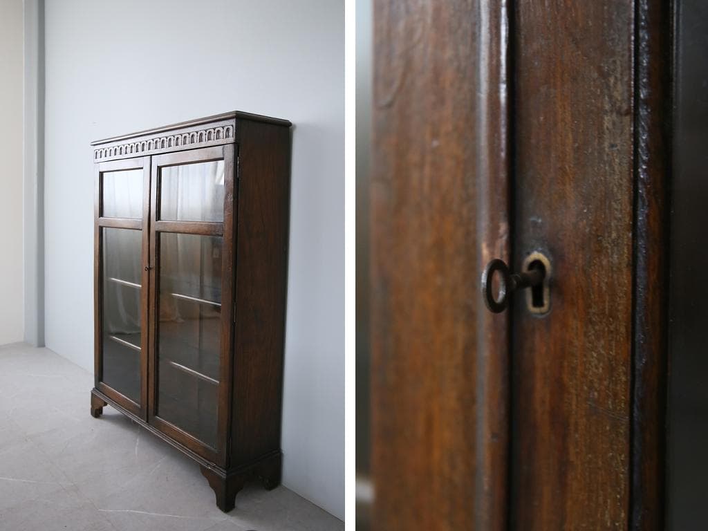 英国アンティーク木製ブックケースキャビネット/本棚/食器棚/飾り棚(92-3)