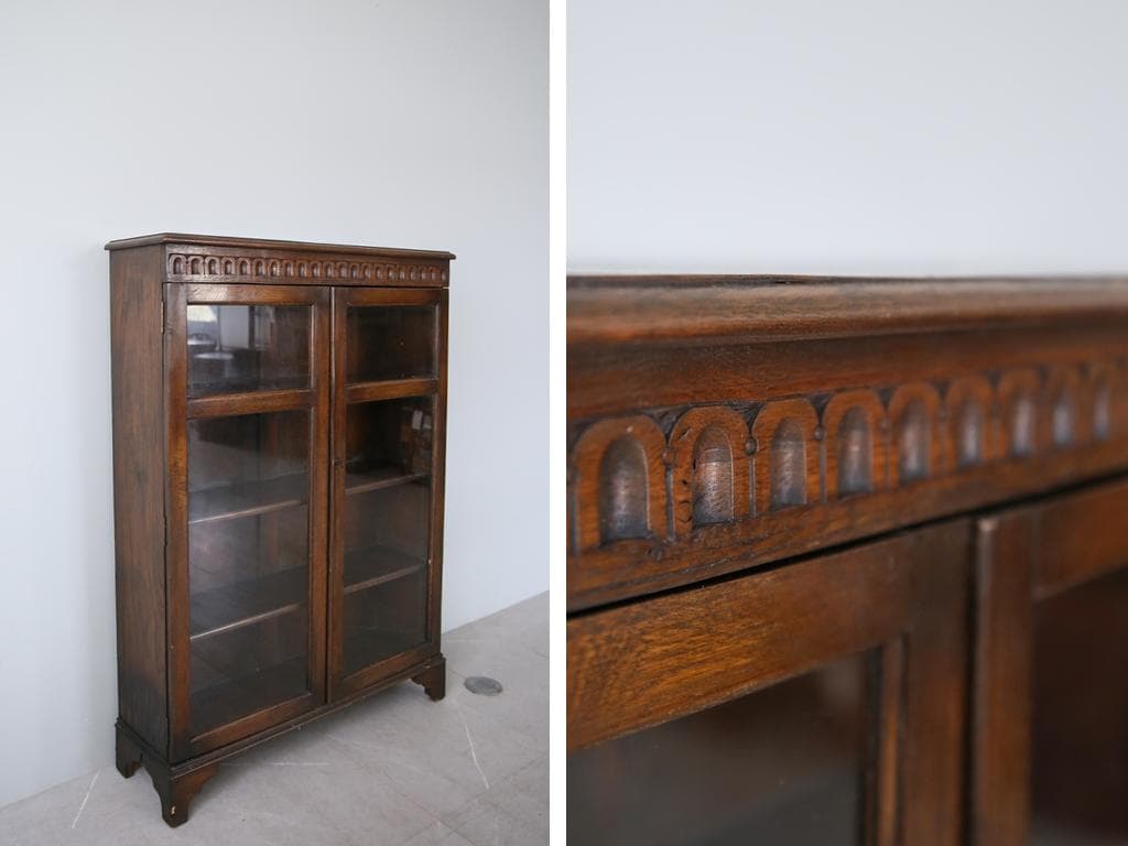 英国アンティーク木製ブックケースキャビネット/本棚/食器棚/飾り棚(92-3)