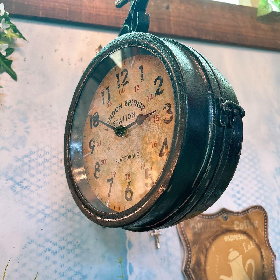 おしゃれな壁掛け時計 アンティーク 風見鶏top 両面時計 シャビーブラック