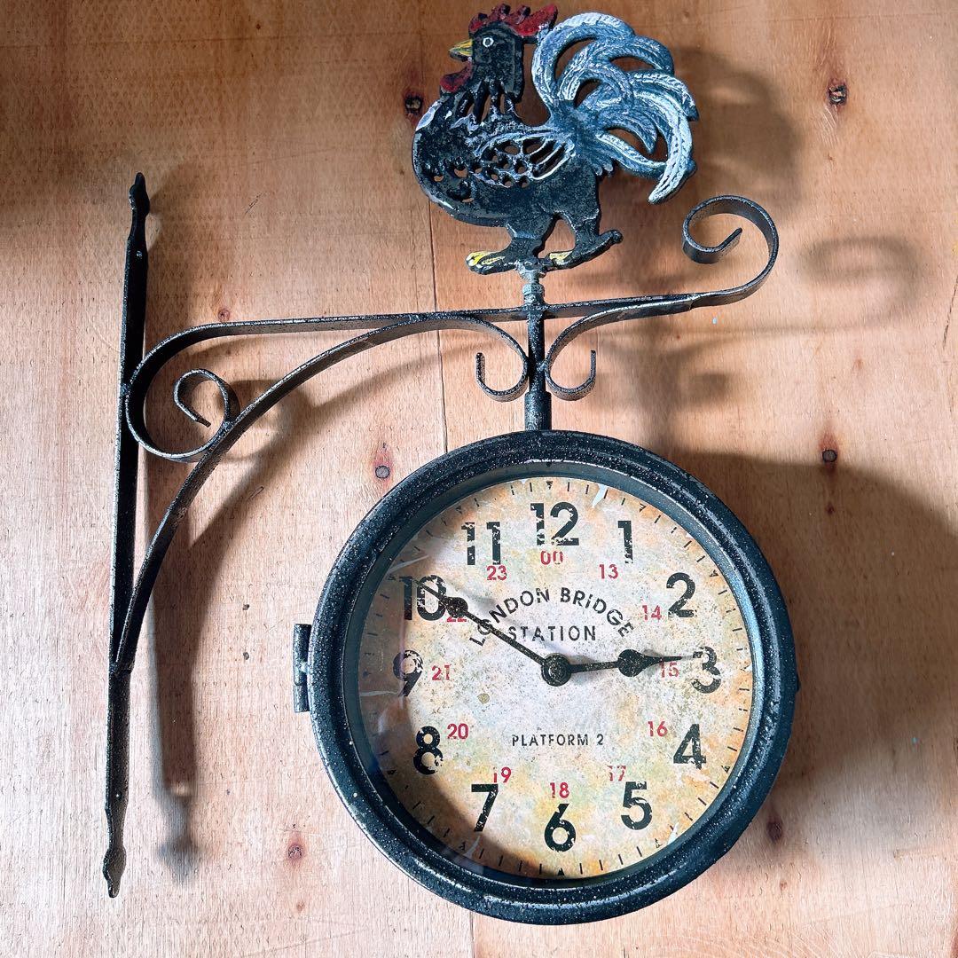 おしゃれな壁掛け時計 アンティーク 風見鶏top 両面時計 シャビーブラック