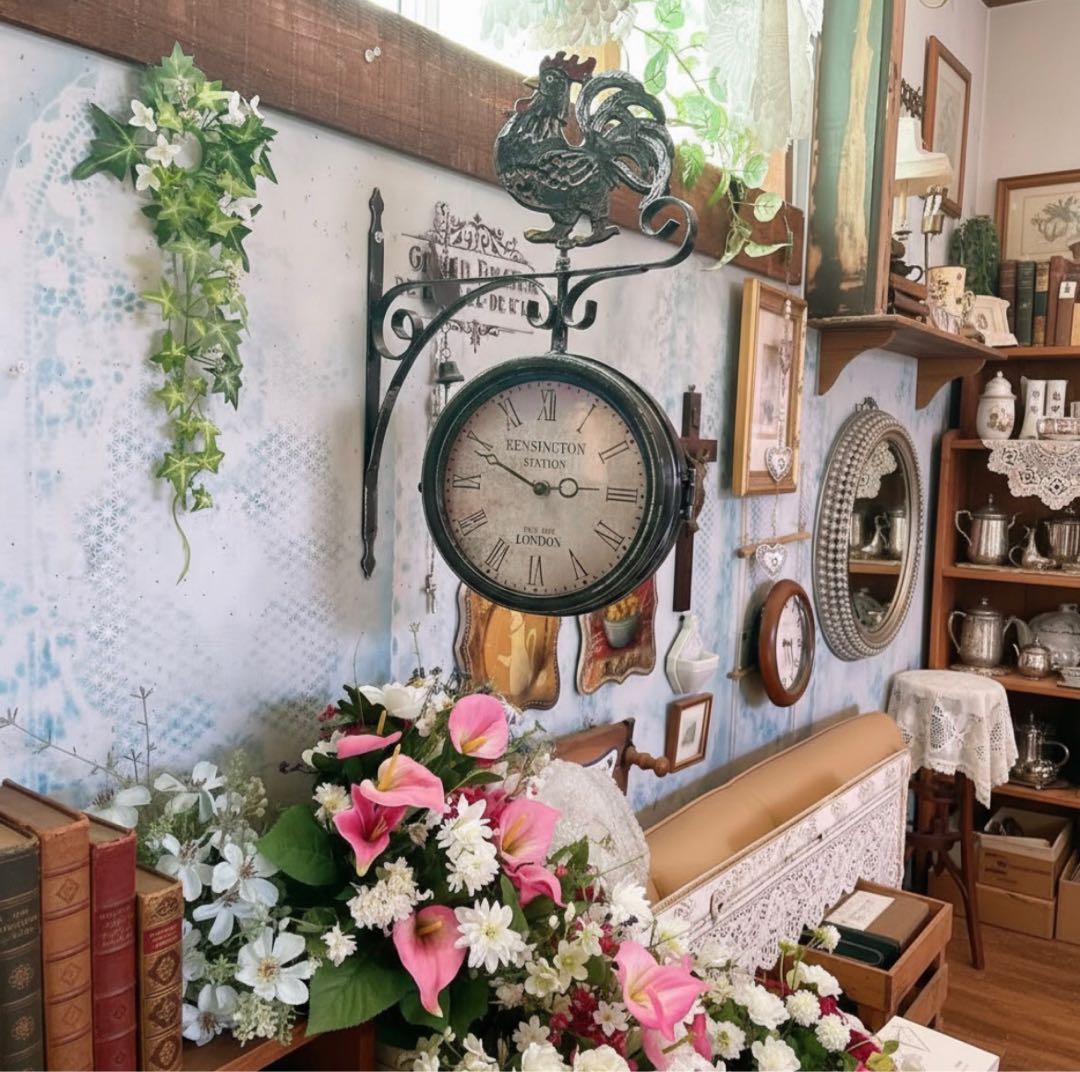 おしゃれな壁掛け時計 アンティーク 風見鶏top 両面時計 シャビーブラック