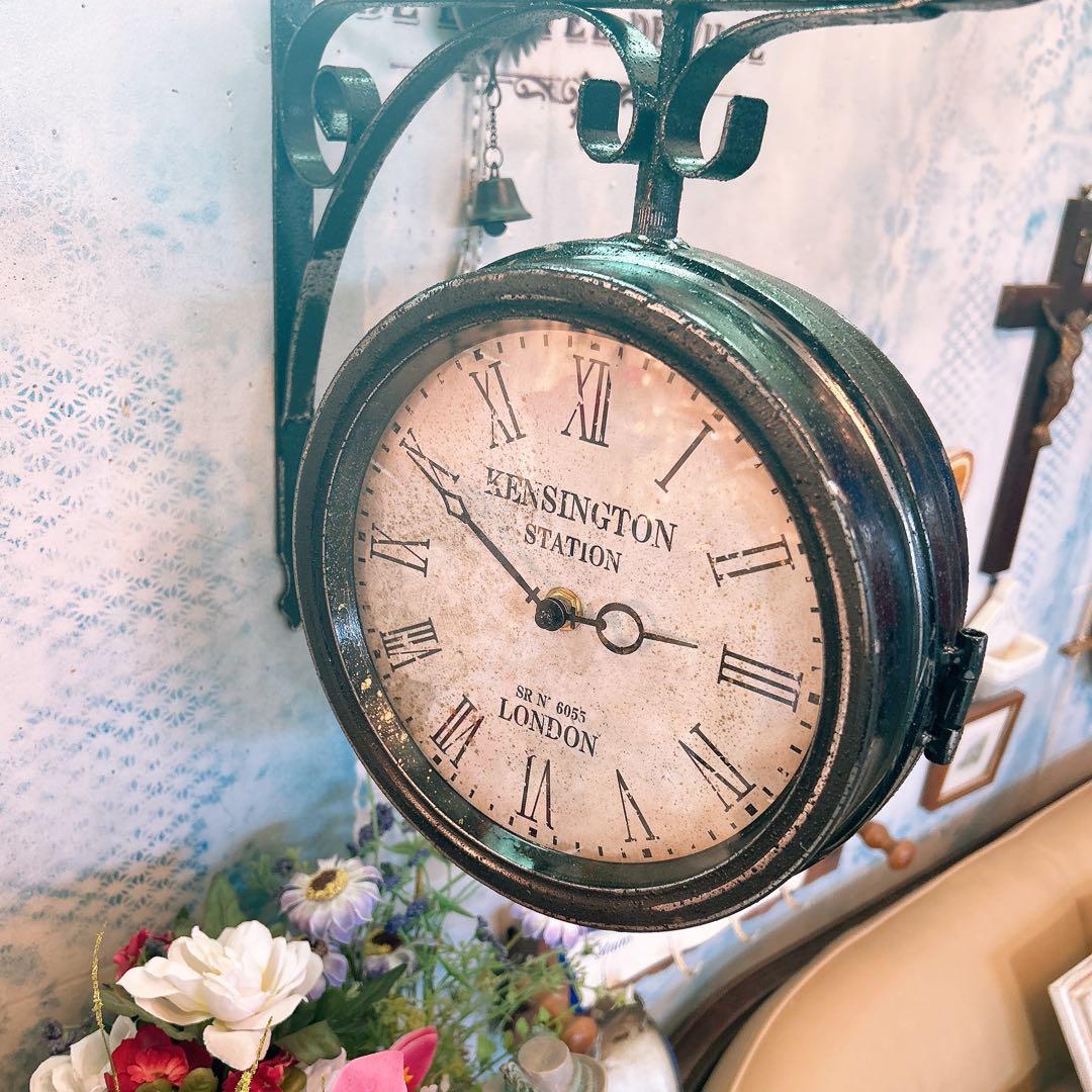 おしゃれな壁掛け時計 アンティーク 風見鶏top 両面時計 シャビーブラック