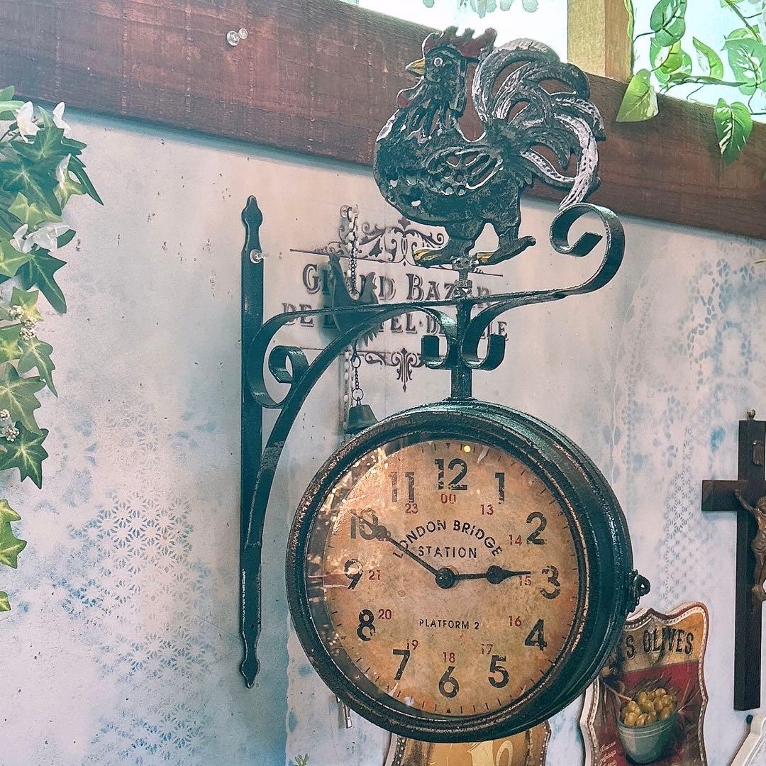 おしゃれな壁掛け時計 アンティーク 風見鶏top 両面時計 シャビーブラック