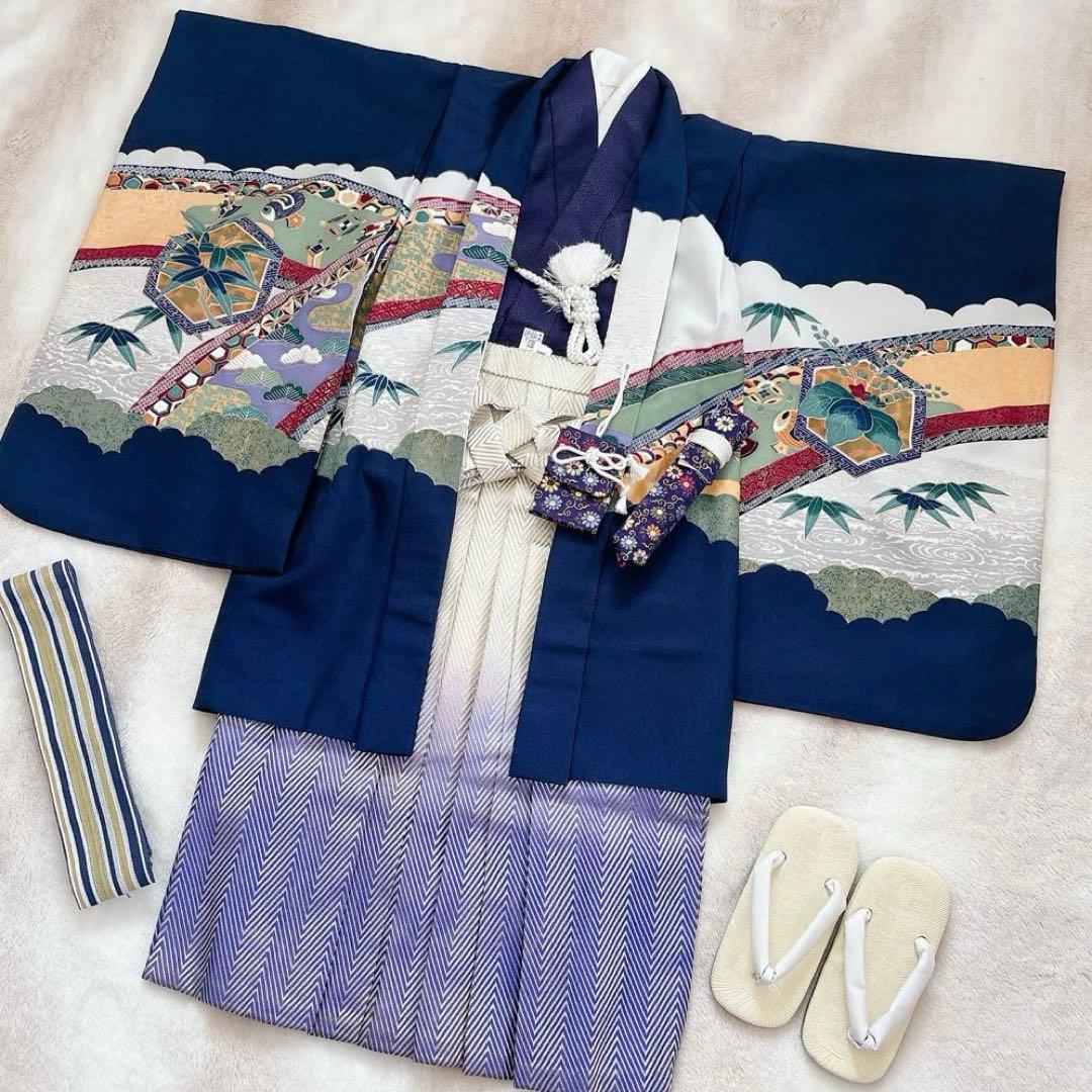 七五三　5歳　７歳　男児　男の子　羽織　袴セット　懐剣　角帯　着物　雪駄　紺