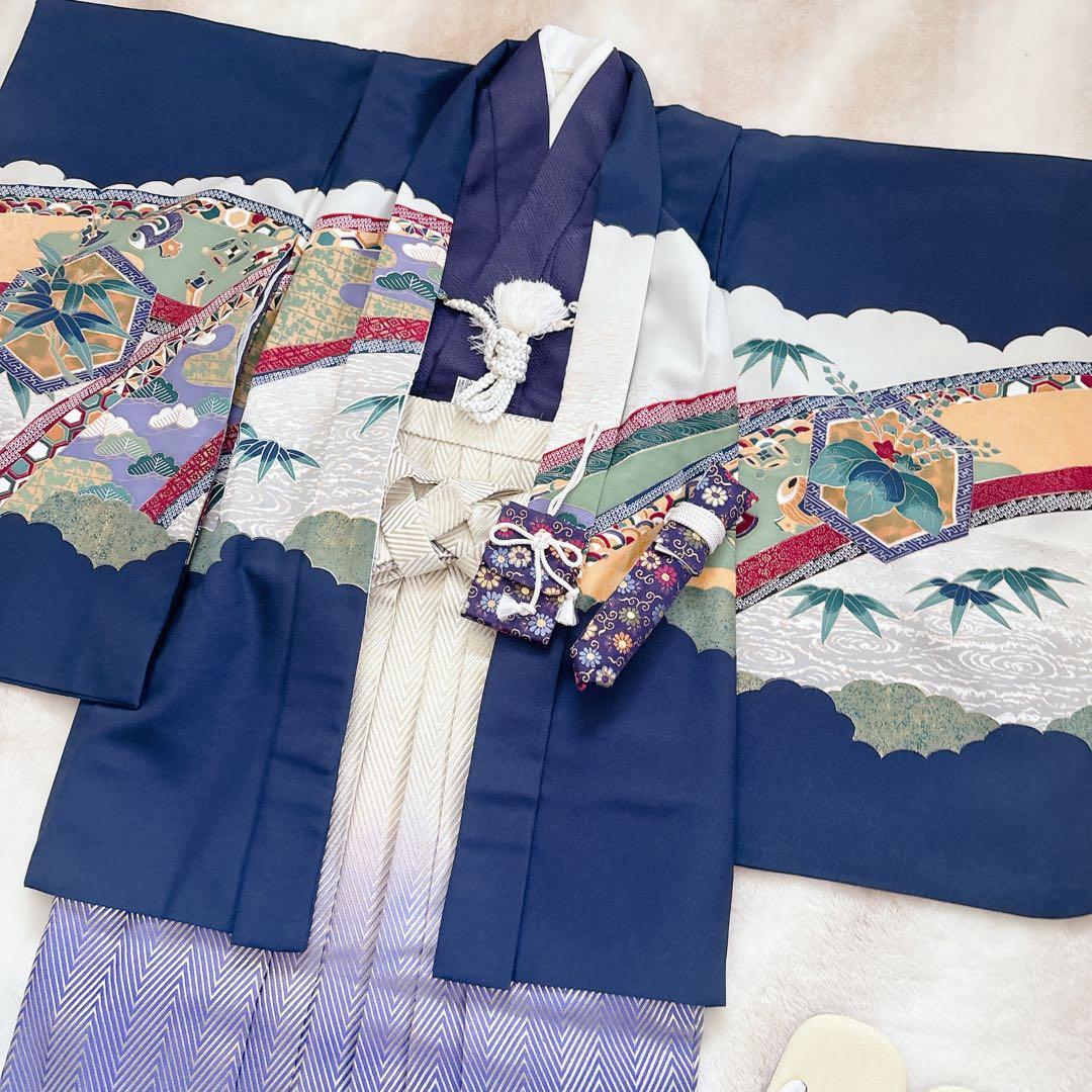 七五三　5歳　７歳　男児　男の子　羽織　袴セット　懐剣　角帯　着物　雪駄　紺