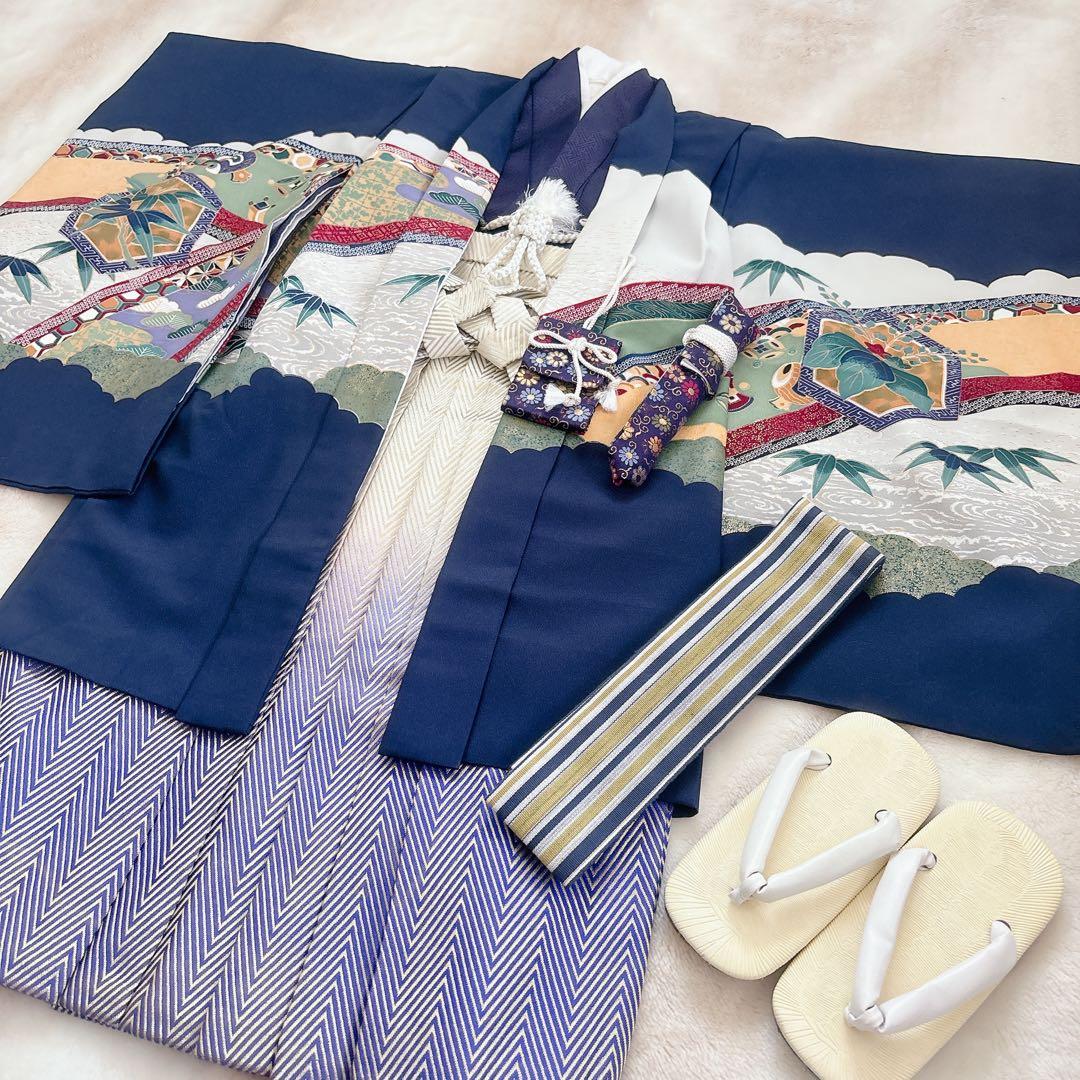 七五三　5歳　７歳　男児　男の子　羽織　袴セット　懐剣　角帯　着物　雪駄　紺