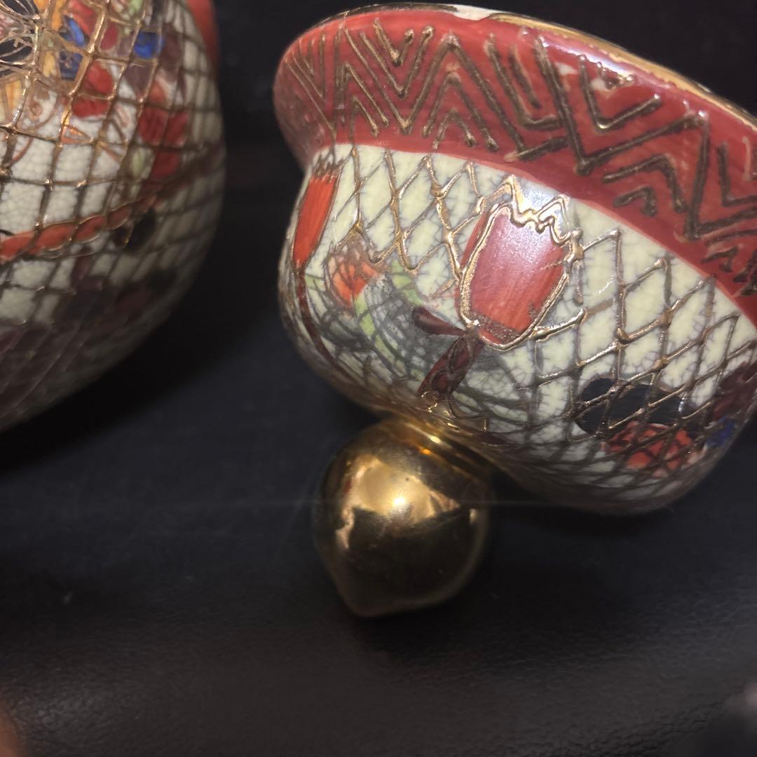 京薩摩焼 沈香壺 骨董 金彩 網目蝶図