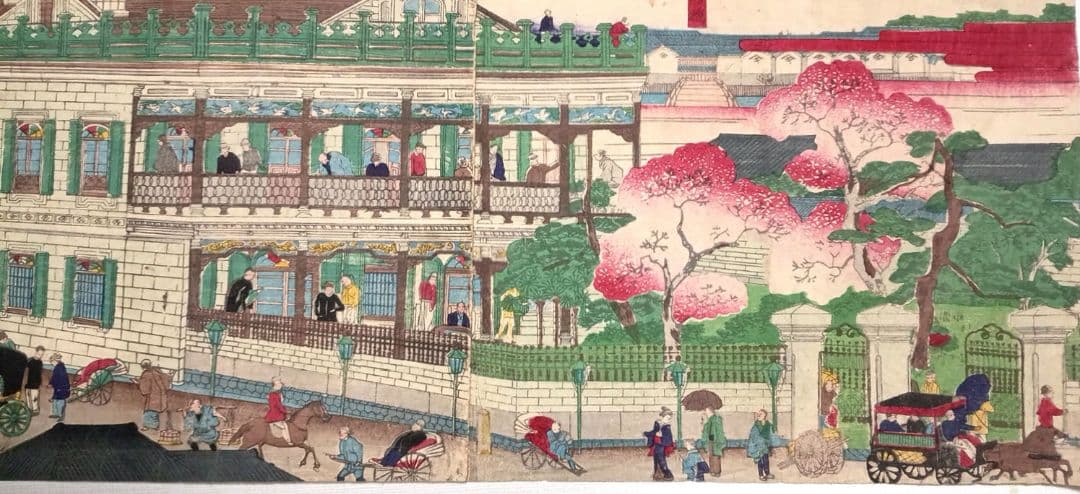 浮世絵版画、東京海運橋兜街三枚綴り繋がってます一交斎幾丸（竹田幾丸