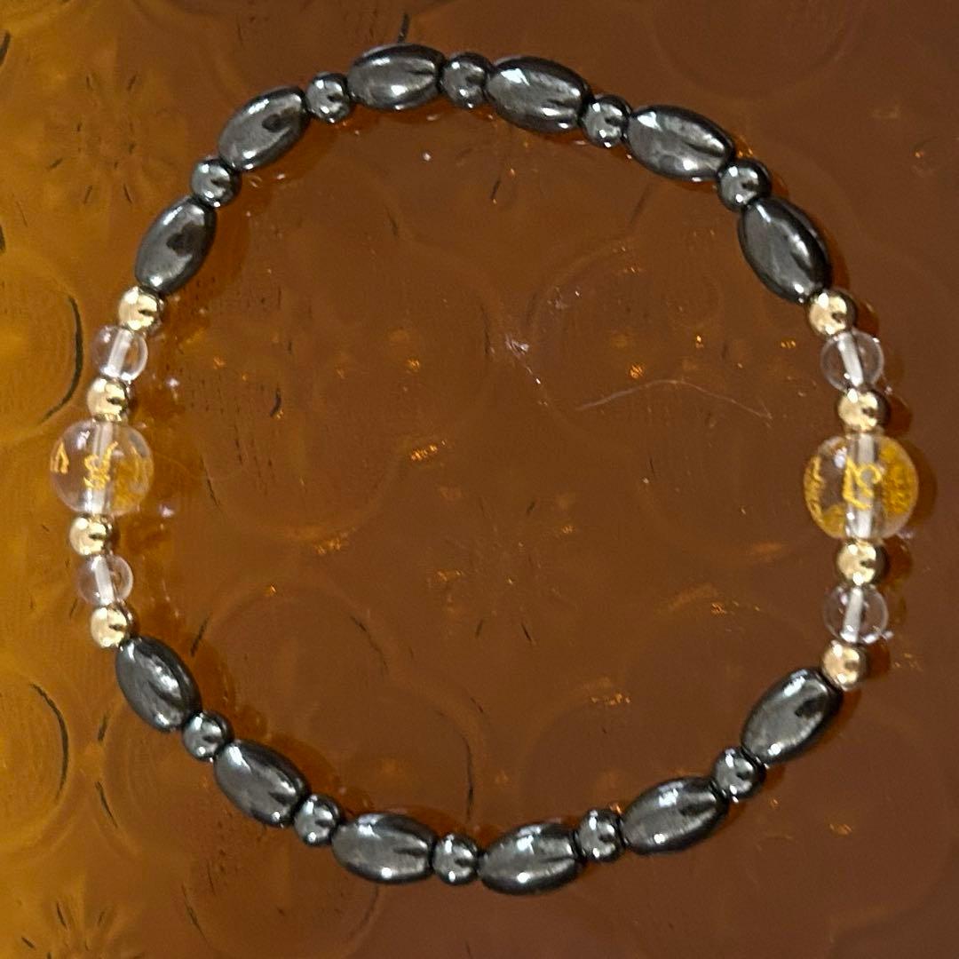 【願いが叶う数珠】ヘマタイトゴールド文字水晶磁気ビーズ天然石パワーブレスレット