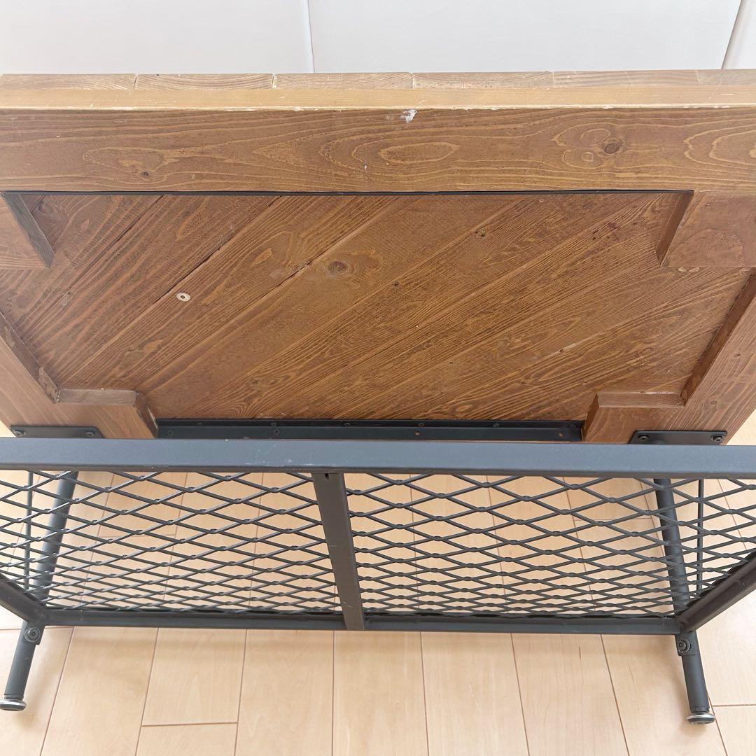 アンティーク　センターテーブル　コーヒーテーブル　メッシュスチール棚　パイン材