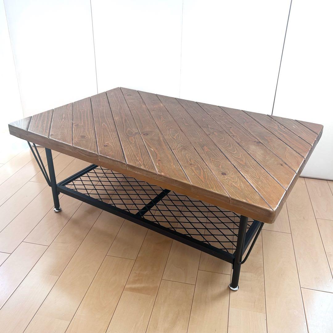 アンティーク　センターテーブル　コーヒーテーブル　メッシュスチール棚　パイン材