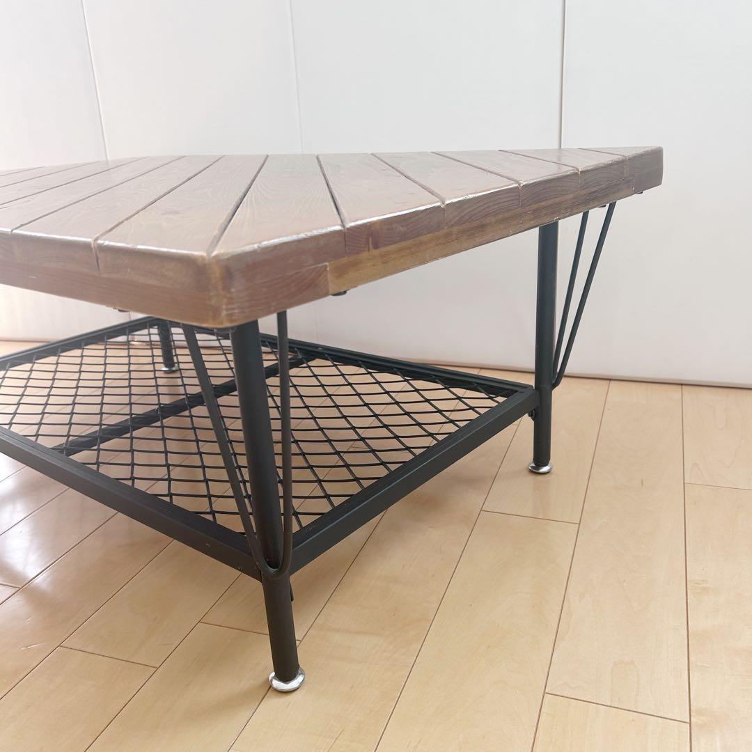 アンティーク　センターテーブル　コーヒーテーブル　メッシュスチール棚　パイン材