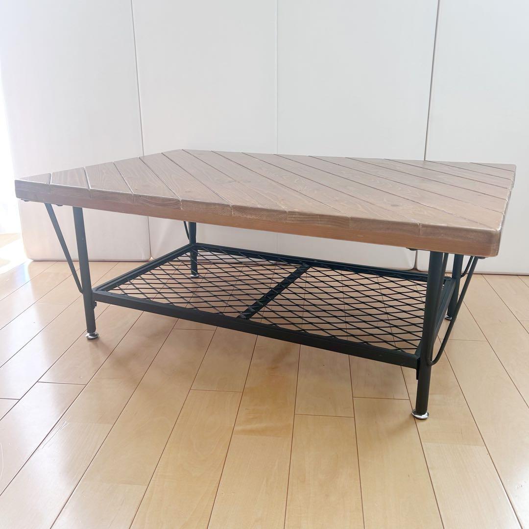 アンティーク　センターテーブル　コーヒーテーブル　メッシュスチール棚　パイン材